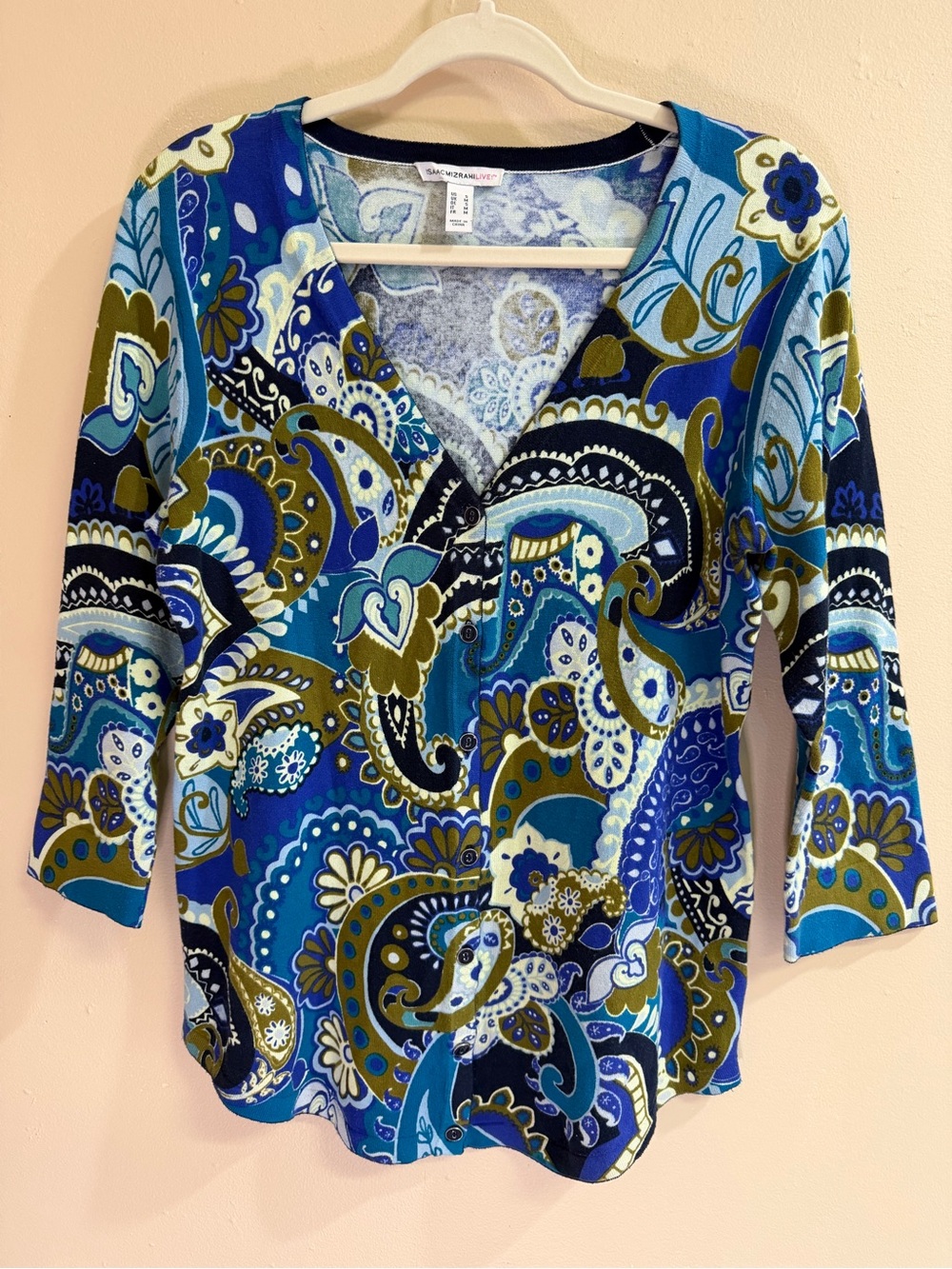 Isaac Mizrahi Live Paisley Button Front Cardigan Size S Blue Green 3/4 Sleeve